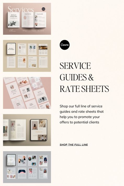 Service Guides & Rate Sheets | In our collection, we'll take you through what you need to know to create an effective service guide, the key components of a rate sheet, and how to price your services appropriately. Whether you're a seasoned service provider or just starting out, our insights will help you make the most of your professional services. Pricing Guides, Pricing Guide, Media Kit, Professional Services, Canva Templates, Service Provider, Grow Business, Design Services, Design Projects