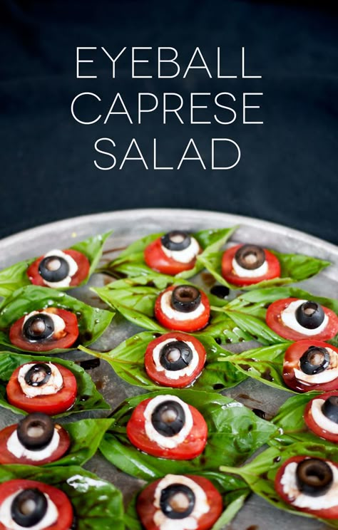 I'm back with more Halloween fun for y'all today! I have a TON of basil growing in my yard right now and I absolutely love caprese salads so I wanted to make a yummy recipe with a spooky twist. I know that olives are not typically included in a caprese salad but I also LOVE black olives and needed the pop of black for my food art creation. They are the perfect option for creating tasty and creative food art for Halloween. This recipe is super easy and a great healthy alternative to all of ... Halloween Caprese, Halloween Food For Adults, Healthy Halloween Food, Kids Halloween Food, Chickpeas Recipe, Caprese Salad Recipe, Halloween Food Appetizers, Halloween Menu, Kiss Cookies