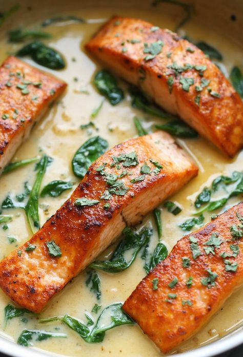 Easy Tasty Creamy Garlic Butter Tuscan Salmon Recipe Creamy Garlic Butter Tuscan Salmon, Salmon Mushroom Recipes, Salmon With Couscous, Salmon With Cream Sauce, Tuscan Salmon Recipe, Tuscan Salmon, Creamy Parmesan Chicken, Ham Salad Recipes, Salmon Recipes Pan Seared