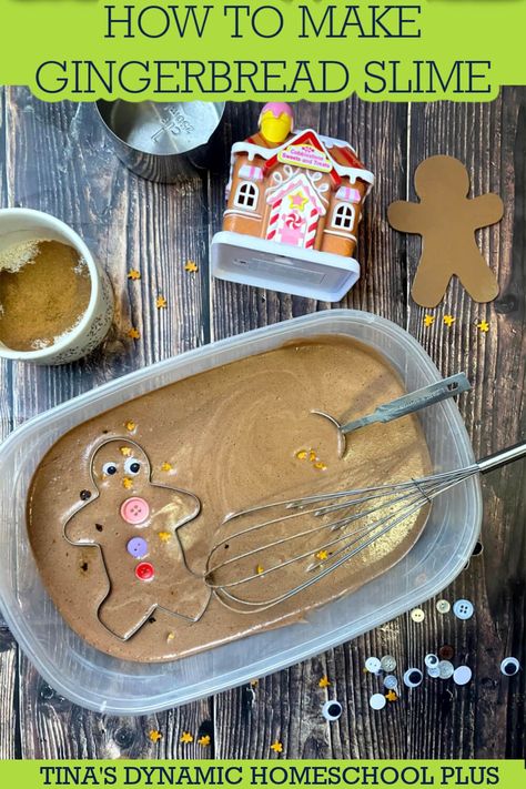 How to Make Gingerbread Slime For Play | 9 Slime Craft Ideas. In honor of National Slime Day December 7th, I have 9 food-themed slime craft ideas as well as my recipe for gingerbread slime. My concoction for gingerbread slime is soupy, foamy and more of a liquid. It is perfect for sensory bins, especially for little ones who need help mastering pouring and transferring. Made without borax, baking soda, or contact solution to create a safer sensory activity for even the smallest hands. Gingerbread Science Experiment, Easy Gingerbread Playdough Recipe, Edible Christmas Sensory Bin, Gingerbread Slime Recipe, Winter Slime For Kids, Gingerbread Baby, Edible Slime, How To Make Gingerbread, Pudding Flavors