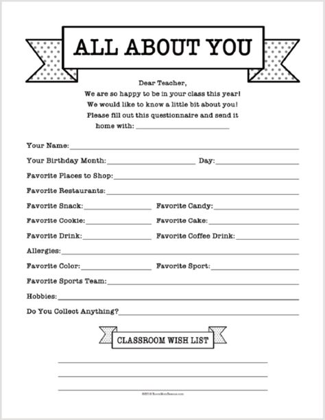 Use this All About You teacher favorites questionnaire to get to know your teacher this year! Get a list of gift ideas to give the teacher at Christmas time, teacher appreciation or at birthdays using a teacher survey. Get the teacher favorite things questionaire at roommomrescue.com Favorites Questionnaire, Room Mom Letter, Get To Know The Teacher, Gift Questionnaire, Get To Know Your Teacher, Teacher Questionnaire, My First Teacher, Male Teacher Gifts, Questionnaire Template