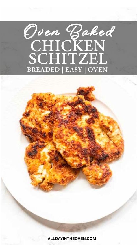 Oven Baked chicken schnitzel on a white plate. Boneless Chicken Breast Recipes Oven, Baked Chicken Schnitzel, Chicken Breast Recipes Oven, Boneless Chicken Breast Recipes, Chicken Schnitzel Recipe, Chicken Breast Oven Recipes, Schnitzel Recipe, Easy Oven Baked Chicken, Chicken Boneless Breast Recipes