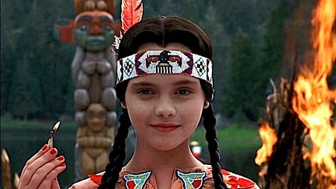 Addams Family Values (1993). Wednesday Addams, played by Christina Ricci, is wearing the costume of Pocahontas for the Thanksgiving play at camp. Leaving Work On Friday, Native American Words, Addams Family Values, Sarah Miller, Wednesday Adams, Adams Family, Your Spirit Animal, Dysfunctional Family, Christina Ricci