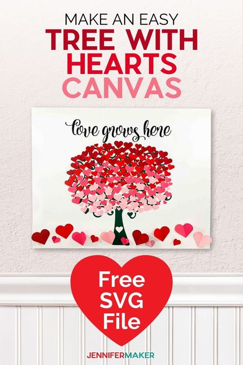 Make a heart tree canvas wall art for any room of your home or to give as a gift! Free SVG cut file and full instructions to make this on your Cricut at home! Tree With Hearts, Diy Vinyl Projects, Tree Canvas Art, Paper Projects Diy, Jennifer Maker, Baby Diy Projects, Hearts Svg, Heart Canvas, Vbs Crafts