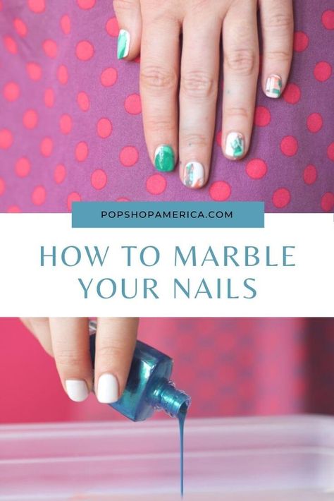 In this easy DIY tutorial, learn how to marble your nails and make cool swirls of color with nail polish and water! This nail art is so dreamy. By Pop Shop America. Marble Nails Diy Tutorials, Diy Marble Nails Easy, Nail Polish Water Marbling, How To Do Marble Nails With Gel Polish, Watermarble Nail Art, Easy Marble Nails, Diy Marble Nails, Nail Polish Marbling Crafts, Nail Polish In Water