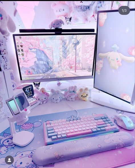 Pink And Blue Setup, Sanrio Pc Setup, Imac Setup, Games Room Inspiration, Kawaii Room Ideas, Dream Setup, Gaming Desk Setup, Cozy Desk, Gamer Setup