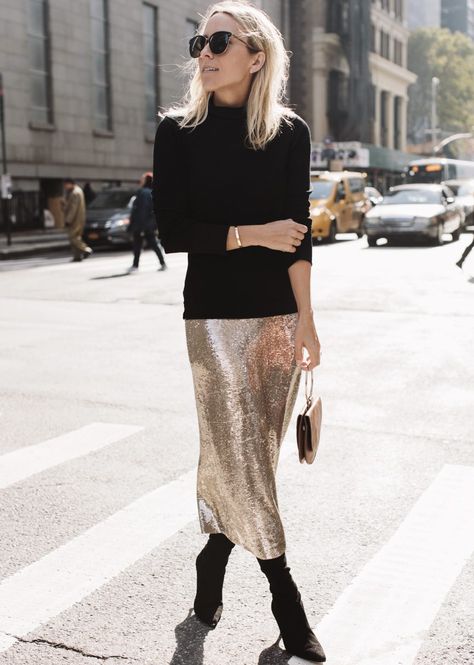 Holiday party outfit: black turtleneck sweater, sequin skirt and ankle boots | Damsel in Dior Sequin Skirt Outfit, Office Party Outfits, Wedding Guest Outfit Winter, Dinner Party Outfits, Fashion Me Now, Sequin Midi Skirt, Rock Outfit, Moda Chic, Party Kleidung