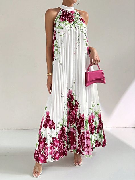 Women's Elegant Printed Pleated Long Loose Dress, Long Dress,Women Dresses,Maxi Dress,Hawaiian Dress,Women Dresses,Long Beach Dress,Hanging Neck Long Skirt For Vacation,Daily, Commuting, Holiday, Party, Dating,Back To School,Daily Multicolor Boho  Sleeveless Knitted Fabric Colorblock,Floral,Striped,Plants A Line Slight Stretch  Women Clothing, size features are:Bust: ,Length: ,Sleeve Length: Hawaiian Floral Dress, Long Loose Dress, Simple Elegant Dresses, Mom Clothes, Long Beach Dress, Indian Textiles, Hawaiian Dress, Elegant Dresses Long, Vacation Dresses