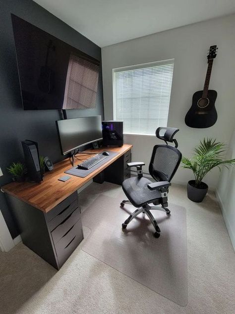 Dark Home Office, Home Office Dark, Home Studio Desk, Ikea Desk Hack, Modern Home Offices, Home Studio Setup, Small Home Offices, Bedroom Setup, Home Office Decoration