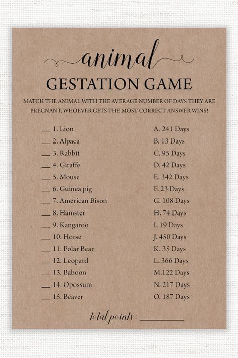 Animal Pregnancy Game, Baby Shower Quiz, Baby Shower Activity, Printable Pregnancy Guessing Game Geriatric Pregnancy, Animal Gestation Game, Baby Shower Quiz, Baby Shower Activity, Baby Facts, Guessing Games, Baby Shower Activities, Baboon, Animal Games