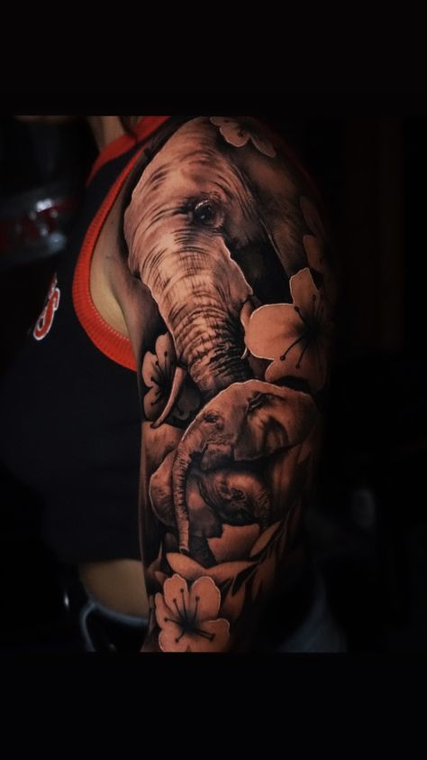 Elephant #tattoo by CIO ShineTattoostudio #Sleevetattoo Realism Elephant Tattoo, Floral Sleeve Tattoo, Tattoo With Flowers, Floral Tattoo Sleeve, Elephant Tattoo, Stylist Tattoos, Floral Sleeve, Sleeve Tattoo, Inspirational Tattoos