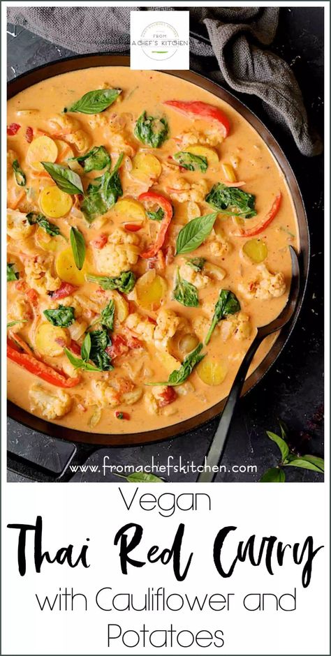 Vegan Thai Red Curry with Cauliflower and Potatoes is spicy and delicious with a side of healthy! It's the perfect veggie-packed meal to warm you up on a chilly fall night you won't feel guilty about! #vegan #vegetarian #thai #thaicurry #curry #cauliflower #potatoes Vegan Thai Red Curry, Thai Vegan, Vegetarian Thai, Fasting Recipes, Vegan Curry Recipes, Red Thai, Rice Recipes For Dinner, Fall Night, Plant Based Dinner