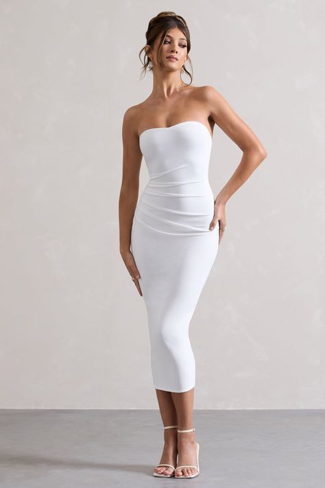 Tight Midi Dress, Strapless Neckline, Blue Cocktail Dress, Romantic Date, White Midi, Date Nights, Information Design, Romantic Dates, Good Stretches