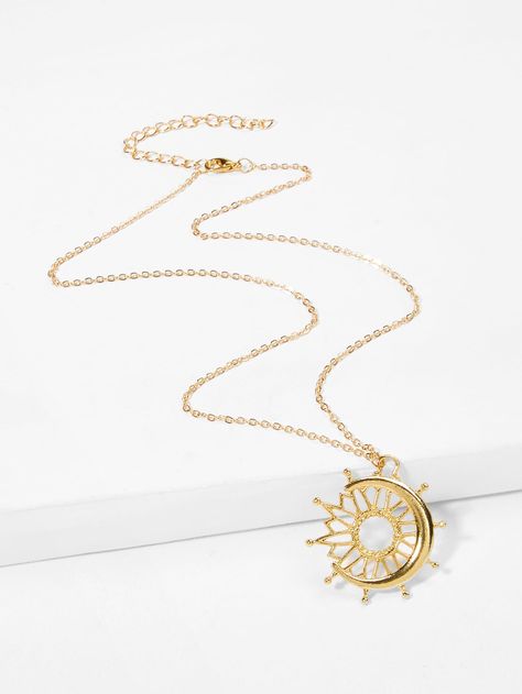 Moon & Sun Design Pendant Necklace -SheIn(Sheinside) Gold Earrings For Kids, Gold Butterfly Ring, Galaxy Pendant, Pretty Jewelry Necklaces, Sunflower Jewelry, Sun Design, Jewelry Photoshoot, Magical Jewelry, Moon Sun