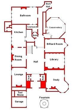 House from the movie Clue. Ground floor. Clue Movie House, Conservatory Flooring, Clue Movie, Dining Room Library, British Houses, Conservatory Kitchen, Luxury Plan, Room Library, Billiard Room