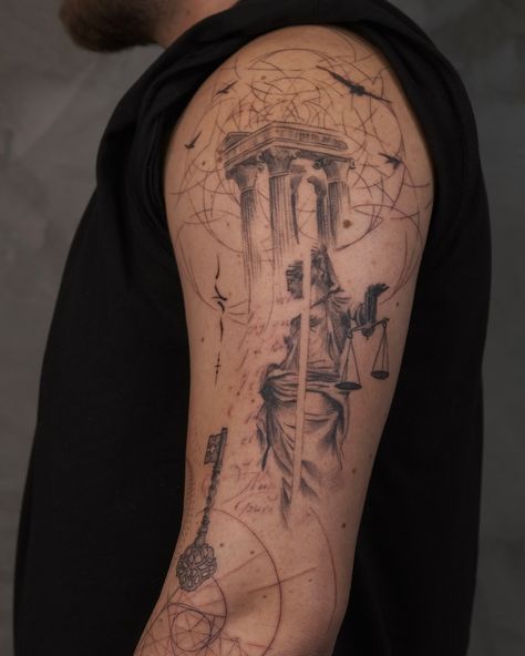 Themis tattoo design #godessofjustice #godessofpeace #finelinetattoo #finelinerealistic #tattoo #tattoodesign Justice Scale Tattoo, Themis Tattoo, Sleeve Ideas, Sleeves Ideas, Tattoo Design, Tattoo Designs, Tattoos, Pins, Quick Saves