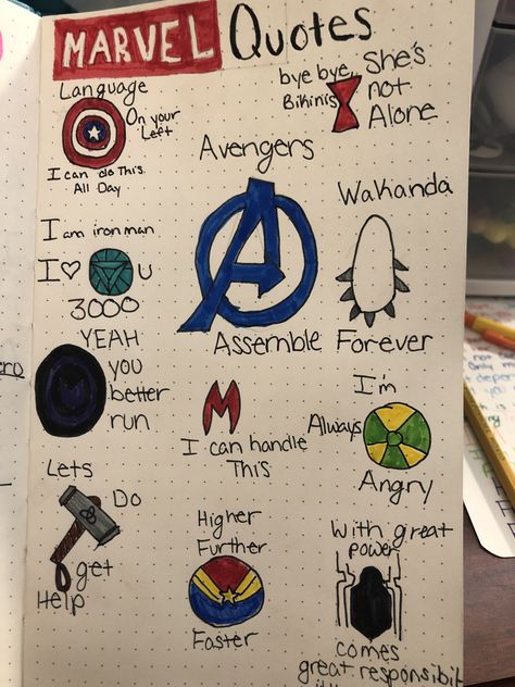 Marvel Notes Ideas, Avengers Journal Ideas, Marvel Journal Page, Marvel Notebook Ideas, Marvel Scrapbook Ideas, Marvel Journal Ideas, Thor Doodle, Marvel Doodles Easy, Marvel Journaling