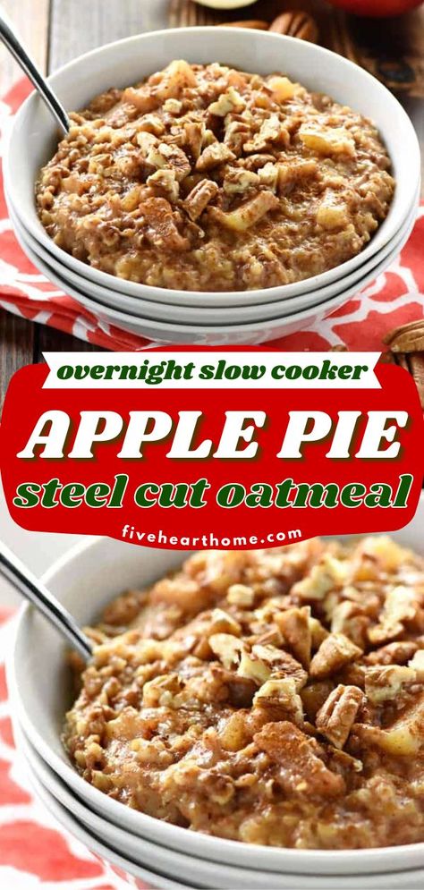 This overnight oatmeal recipe is the perfect Christmas morning food! Not only are these slow cooker steel cut oats easy, but they also taste like apple pie. Plus, you won't get burnt edges in the crock pot! Put this on your holiday brunch menu! Apple Pie In The Crock Pot, Crock Pot Apple Recipes, Overnight Oatmeal Crockpot, Crock Pot Oatmeal Recipes, Steel Oats Recipes, Crockpot Steal Oats, Apple Pie Filling Oatmeal, Crock Pot Oatmeal Overnight, Steel Oats Recipes Overnight Oatmeal