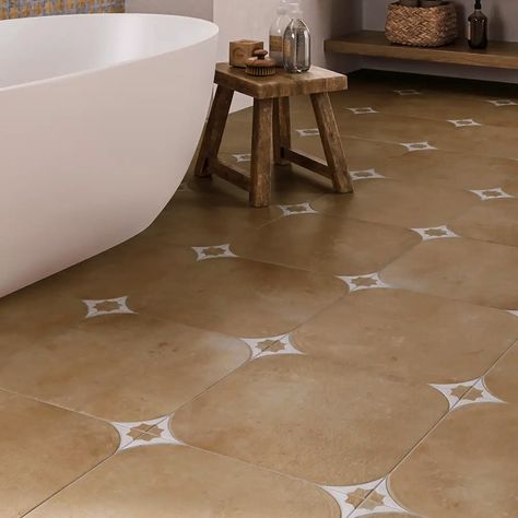 Sultana Stella Sienna Porcelain Tile 18x18 Spanish Bathroom Hacienda Style, Terracotta Bathroom Floor, Modern Spanish Style Homes Interior, Spanish Revival Bathroom, Indoor Tiles, Spanish Style Home Interior, Spanish Floor Tile, Saltillo Tile Floor, Large Floor Tiles