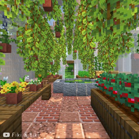 Tutorial is on our YouTube channel: Fiki & Biki 🐔 Minecraft Greenhouse Interior, Greenhouse Minecraft Ideas, Minecraft Outside Decor, Greenhouse Minecraft, Minecraft Interiors, Minecraft Greenhouse, Minecraft Building Designs, Rustic Greenhouses, Simple Greenhouse