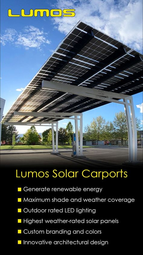 Lumos Solar Carport provides solar powered LED lighting and shade to students and visitors in the parking lot at the Okanagan College Campus in Canada. Solar Car Parking Design, Solar Roof Design, Solar Structure, Solar Panels Architecture, Solar Parking, Solar Pergola, Solar Energy Design, Solar Carport, Solar Energy For Home