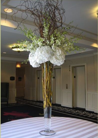 tall cylinder vases with bells of Ireland, white dendrobium orchids, and white hydrangeas with a little bit of brown curly willow. Tall Flowers Arrangements, Luncheon Centerpieces, Centerpieces Orchids, Tall Arrangements, Curly Willow Branches, White Dendrobium Orchids, Wedding Flowers White, Tall Cylinder Vases, Tall Floral Arrangements