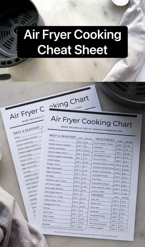 The complete list of air fryer cook times in a free printable chart! Use this as a reference or a cheat sheet to make figuring out how long to air fry meat, seafood, vegetables, and frozen foods a breeze! #cookathomemom #airfryer Air Fryer Cook Times, Cooking Cheat Sheet, Air Fryer Cooking, Bone In Chicken Thighs, Whole 30 Meal Plan, Air Fryer Cooking Times, Air Fryer Recipes Easy, Air Fryer Recipes Healthy, Chicken Marinades