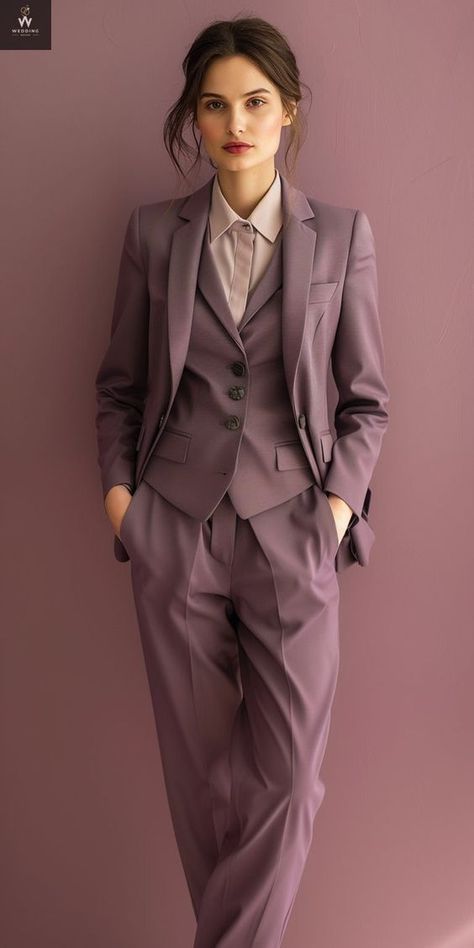 Three Piece Women’s Suit, Mauve Clothes, Women’s Suits, Womens Wedding Suit, Ladies In Suits, Prom Suits Women, Mauve Suit, Womens Suit Outfits, Feminine Suit