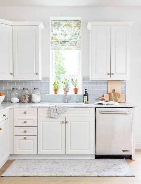 Main Line Pied-a-Terre - Eclectic - Kitchen - Philadelphia - by lisa furey interiors Light Blue Subway Tile, Blue Subway Tile Backsplash, Light Blue Backsplash, Blue Backsplash Kitchen, Light Blue Tile, Blue Subway Tile, Light Blue Kitchens, Marble Counters, Raised Panel Cabinets