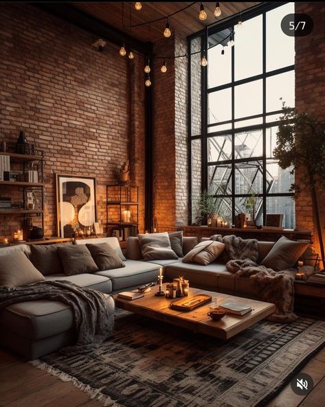 Boho Loft Apartment, Boho Loft, Loft Style Interior, Loft Living Room, Industrial Loft Design, Brick Interior, Industrial Home Design, Brick Loft, Industrial Livingroom