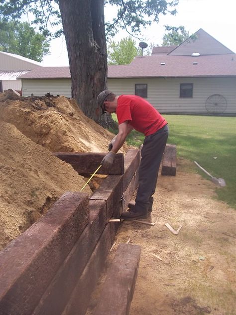 Rail Road Ties Retaining Wall, Railroad Ties Retaining Wall, Landscape Hillside, Railroad Ties Landscaping, Gabion Garden, Railroad Tie Retaining Wall, Build A Sandbox, Sleeper Retaining Wall, Retaining Wall Ideas