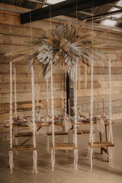 macramé wedding backdrop Macrame Wedding Decor, Industrial Wedding Inspiration, Industrial Wedding Decor, Cheap Boho, Berta Wedding Dress, Macrame Swing, Macrame Wedding, Warehouse Wedding, Table Scape