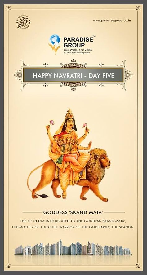 Day 5 Goddess 'Skand Mata' The 5th day is dedicated to the Goddess Skand Mata; the Mother of the Chief Warriors of the Gods Army, The Skanda. www.paradisegroup.co.in 5th Navratri Mata, Navratri 5th Day Goddess, Skand Mata, Skanda Mata, School Computer Lab, Navratri Devi, Navratri Devi Images, Nav Durga, Devi Images