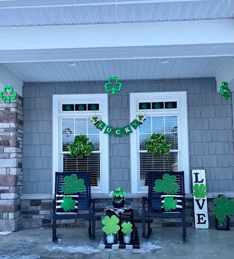 Living on Cloud Nine: LUCKY FRONT PORCH Interchangeable Wreath, Shamrock Garland, Green Carnation, Plaid Napkins, The Black Cauldron, Black Lantern, On Cloud Nine, Wood Front Doors, Christmas Front Porch