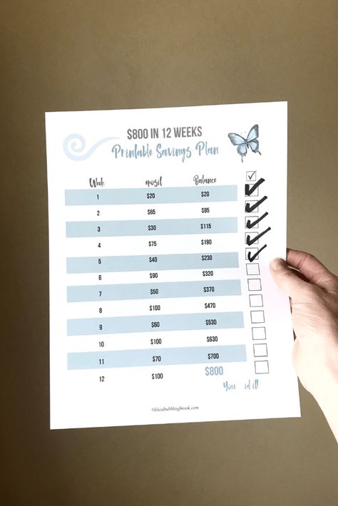 Try This Money Saving Challenge To Save $800 in Just 12 Weeks | Love that it has a printable and you can check off the boxes as you reach your savings goal each week! This will help save money for vacation, Christmas, anything! #budgeting #moneysavingtips 800 Saving Challenge, Save Money For Vacation, Budgeting Printables, 52 Week Saving Plan, Weekly Savings, Budget Binder Printables, Free Budget Printables, Budgeting Ideas, Savings Chart