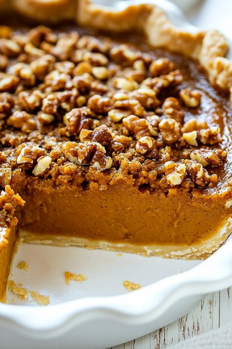 Indulge in the warm and comforting flavors of fall with this delicious twist on a classic dessert - pumpkin pie with walnut topping. The creamy pumpkin filling paired with crunchy walnuts creates the perfect balance of sweetness and texture. Whether you're hosting a holiday gathering or simply craving a cozy treat, this recipe is sure to be a crowd-pleaser. Treat yourself to a slice of autumn goodness and savor every bite of this irresistible pumpkin pie with walnut topping. Prepare, bake, and e Chestnut Pie, Walnut Pie Recipe, Walnut Topping, Apple Pumpkin Pie, Dessert Pumpkin, Mascarpone Recipes, Pumpkin Filling, Walnut Pie, Pumpkin Pie Recipe Easy