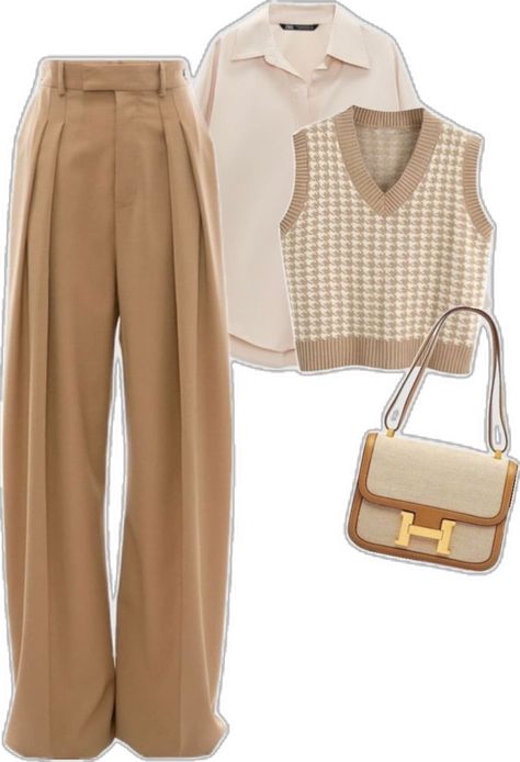 beige, cream and brown fall/ autumn outfit Style With Cream Pants, Khaki Trousers Outfit Aesthetic, Fall Outfits Beige Pants, Casual Cream Outfits, Beige Brown Outfit Aesthetic, Brown Theme Outfit, Brown And Creme Outfit, Cream And White Outfits For Women, Cream Set Outfit