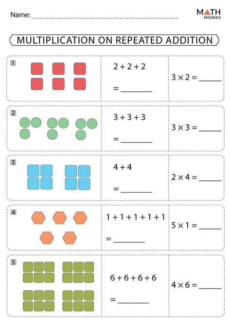 Multiplication Arrays and Repeated Addition Worksheets - Math Monks Repeated Addition Activities, Worksheet Multiplication, Repeated Addition Worksheets, Multiplication Practice Worksheets, Repeated Addition Multiplication, Array Worksheets, Multiplication Arrays, Multiplication Worksheet, Addition Worksheet