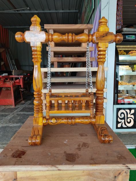 Wooden Hindola Design, Ladu Gopal Jhula Decoration, Swing In Living Room, Wooden Temple For Home, Antique Wagon, Wooden Cradle, Iskcon Krishna, Khatu Shyam, Sofa Design Wood