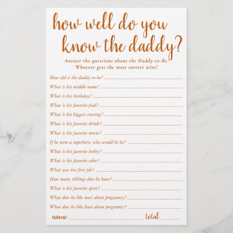 Fall Baby Shower | Orange Know Daddy Best Game - tap, personalize, buy right now! #modern #baby #shower #game, #who Fall Gender Reveal Party, Fall Baby Shower Games, Orange Nursery, Reveal Party Games, Modern Baby Shower Games, Neutral Party, Orange Games, Gender Reveal Party Games, Fall Orange