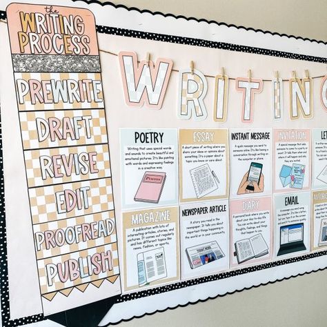 Boho Classroom Theme Middle School, Homework Display In Classroom, Writing Classroom Display, 6 Grade Classroom Decor, Class Work Bulletin Board Ideas, Grade 5 Classroom Ideas, 8th Grade Ela Classroom Setup, Middle Years Classroom Decor, 5th Grade English Classroom