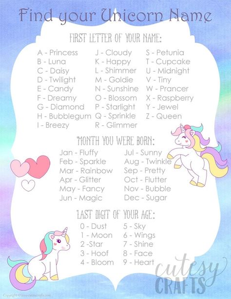 Unicorn Party Game - Unicorn names with free printable! Unicorn Name Generator, Whats Your Unicorn Name Free Printable, Unicorn Theme Party Games, Unicorn Games Free Printable, Unicorn Names Ideas, Unicorn Party Games For Kids, Unicorn Party Games, Unicorn Pics, Unicorn Party Ideas