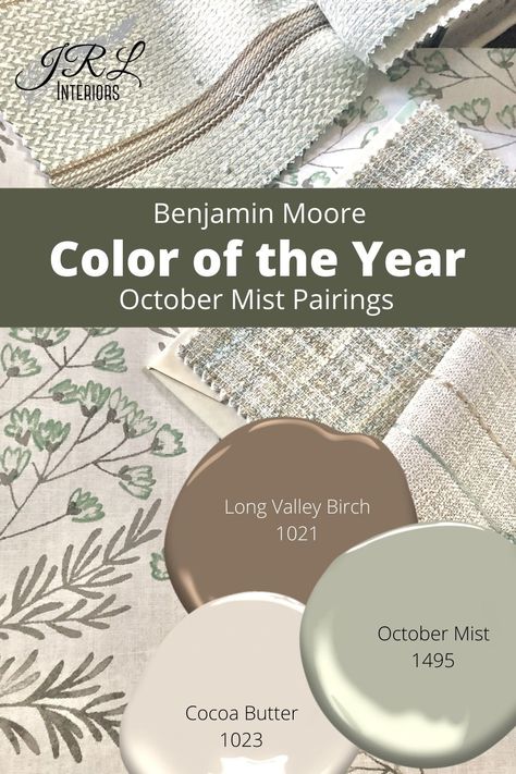 Paint Pairings, October Mist, Color Of The Year 2022, Deco Champetre, Farmhouse Paint Colors, House Color Palettes, Farmhouse Paint, Paint Color Schemes, Benjamin Moore Colors