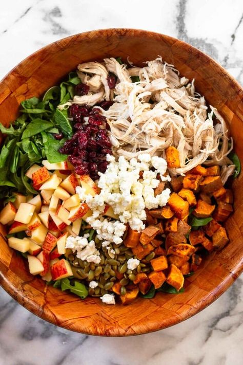 Fall Salad Healthy, Eat The Gains Fall Harvest Salad, Apple Romaine Salad, Fall Protein Bowl, Fall Salad Bowl, Chicken Harvest Salad, Fall Harvest Salad Sweet Potato, Fall Salad With Sweet Potatoes, Fall Salad Recipes With Chicken