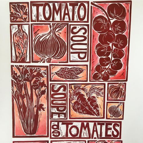 Tomato soup illustrated recipe hand painted linocut print, also screenprinted onto beautiful organic cotton tea towel - see my full range at www.cardabelledesign.com  #printmaking #lino #linocut #letterpress #linogravure #artistsofinstagram #artistsoninstagram #iloveprintmaking #print #printing #printstudio #tomatosoup #tomatoes #recipes #illustration #cooking #ilovefood #ilovecooking #foodandart #artandfood Recipes Illustration, Tomatoes Recipes, Modern Flat Design, Illustrated Recipe, Recipe Tea Towel, Roasted Tomato Soup, Lino Art, Animal Illustration Art, Flat Design Illustration