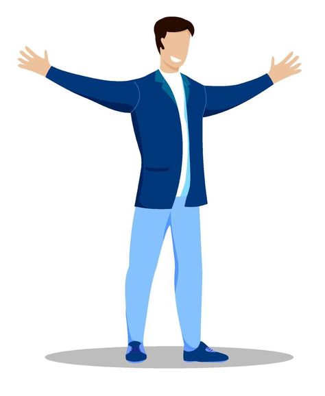 man stands smiling with wide open hands, arms outstretched for friendly greeting. Joy of new meeting. Open gesture of friendliness and acceptance. Vector Vector Landscape, Open Hands, Open Arms, Guy Drawing, Drawing People, Scorpion, Drawings, Quick Saves