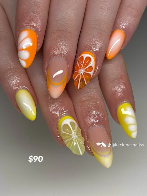 Almond Fruit Nails, Orange Red Yellow Nails, 3d Citrus Nails, Fruit Nail Inspiration, Fruit Nails Square, Fruit Acrylic Nails Design, Citrus Fruit Nails, Orange And Lemon Nails, Grapefruit Nail Art