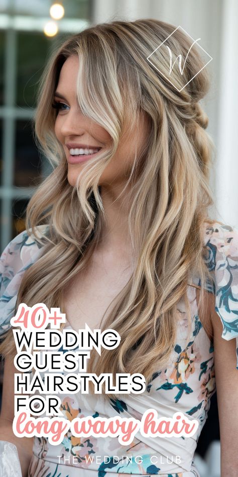 Have long, wavy hair? Discover 40+ stunning wedding guest hairstyles that showcase your natural waves! From effortless boho braids to voluminous waves and half-up styles, this guide offers a wide range of ideas that suit any wedding theme. Perfect for casual beach weddings, outdoor ceremonies, or formal events. Click to explore all the best wavy hairstyles and tutorials! #wavyweddinghair #longhairstyles #weddingguesthairstyles Beach Wedding Hairstyles For Long Hair Bridesmaid, Long Hairstyle Wedding Guest, Beach Waves Bridesmaid Hair, Long Hair Styles Wedding Guest, Half Up Half Down Wavy Hairstyles, Formal Wavy Hairstyles, Beach Wedding Hairstyles Medium, Cute Hairstyles For Wedding Guest, Diy Wedding Guest Hair