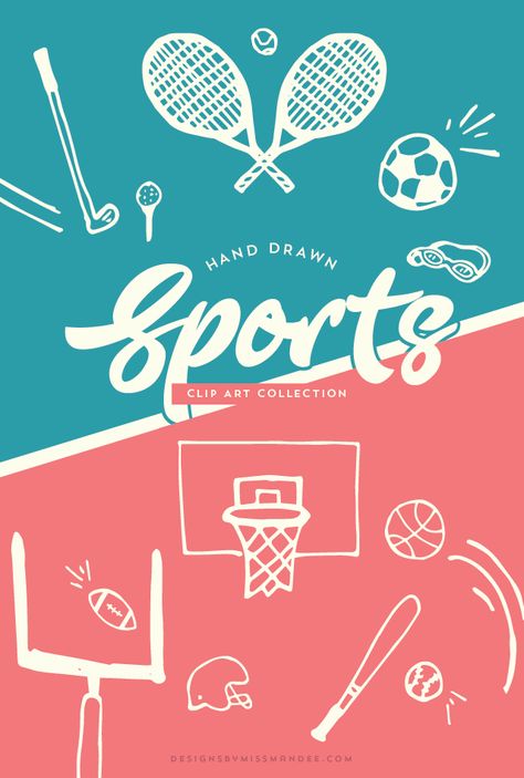 FREE Sports Clip Art Collection - Designs By Miss Mandee. Use these hand drawn elements to spruce up your next design. Great for scrapbook design, photo overlays, chalkboard art, and more! Logo Design Sports Ideas, Sports Cover Design, Tennis Advertising, Sports Magazine Design, Sports Art Design, Sports Advertisement, Sports Poster Design, Sports Illustrations Art, Sports Illustrations Design