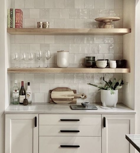 Offset Square Tile Backsplash, No Upper Cabinets, Greige Kitchen, Ideas Cocina, White Kitchen Backsplash, Square Kitchen, Condo Kitchen, Kitchen Redesign, Coffee Nook